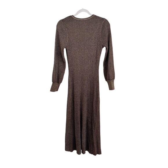 LOFT Gold Black Shimmer Ribbed V-Neck Midi Sweater Dress Blouson Sleeves - Picture 7 of 13